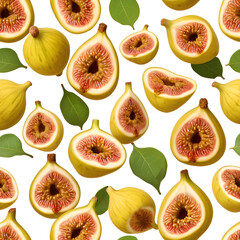 Seamless background pattern of fresh yellow figs sliced open revealing pink flesh, with green leaves on white background