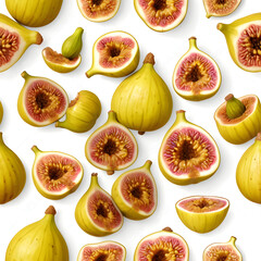 Seamless background pattern of fresh yellow figs sliced open revealing pink flesh, with green leaves on white background