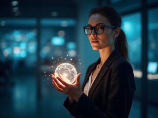 Woman holding a glowing orb representing global connection and technology