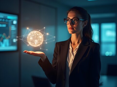 Businesswoman holds glowing solar system hologram in office