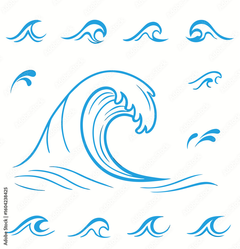 Poster vector illustration of multiple blue wave designs in varying sizes and shapes on a white background 