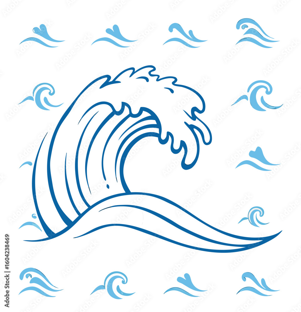 Poster vector illustration of a large ocean wave with smaller wave icons scattered around it on a white bac