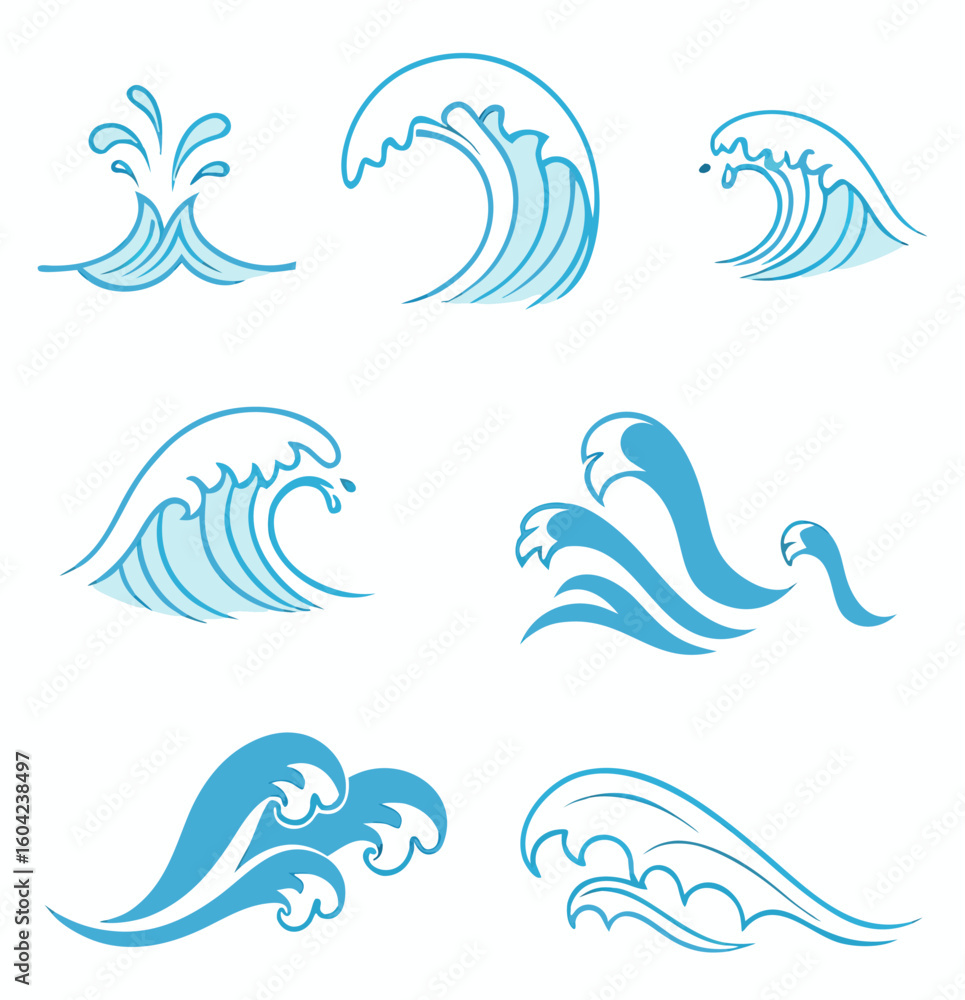 Poster vector illustration showcasing various stylized blue waves with different shapes and sizes on a whit