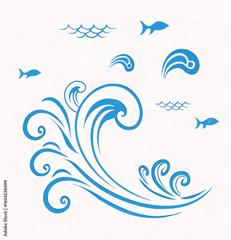 Poster vector a stylized ocean scene with a large wave several small fish and smaller wave designs in blue 