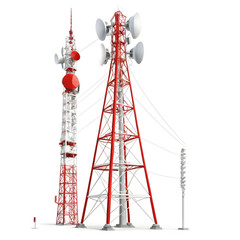 Tall red and white metal communication tower with antennas and satellite dishes isolated on white background