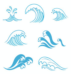 Vector  illustration showcasing various stylized blue waves with different shapes and sizes on a white background art