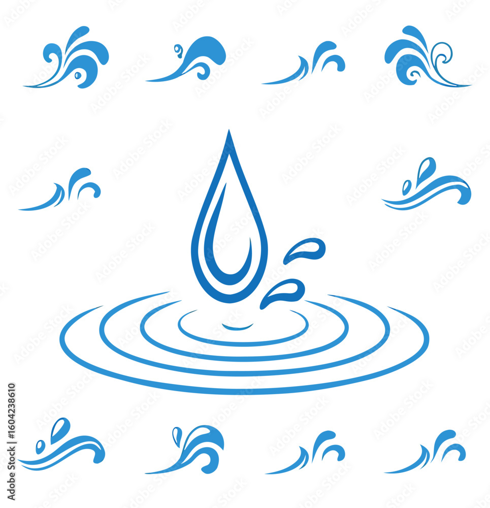 Poster vector illustration showing a water droplet falling into a pool creating ripples and water splashes 