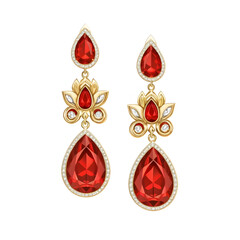 Elegant gold earrings with red gemstones and diamond accents isolated on white background