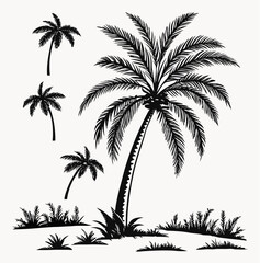 Vector  illustration of a tropical scene with palm trees and grass in black and white silhouette style design