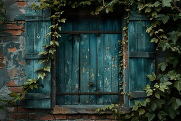 A rustic wooden window frame with peeling paint in shades of dark green, set against a weathered brick wall, with vines creeping around it 