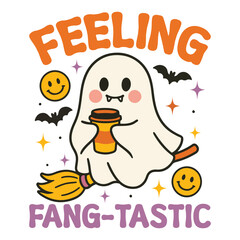 Feeling Fang Tastic - Cute Spooky Ghost Halloween T-shirt Vector, Scary Halloween Ghostly Illustration, Spooky Vibes Saying, Holiday Seasonal Shirt Design