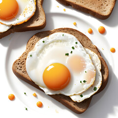 Crispy slice of toast topped with two sunny-side-up eggs isolated on white background