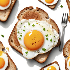 Crispy slice of toast topped with two sunny-side-up eggs isolated on white background