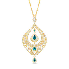 Luxurious gold necklace adorned with green emerald stones and intricate filigree design on white background