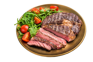 Rib eye steak with herbs in a plate with salad, grilled prime beef meat isolated on white background