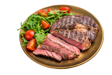 Rib eye steak with herbs in a plate with salad, grilled prime beef meat isolated on white background