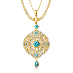 Luxurious gold necklace adorned with green emerald stones and intricate filigree design on white background