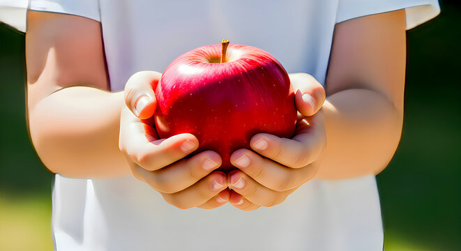 apple in hand. Close-up of a child holding a red apple with both hands, symbolizing health, kindness, and generosity. Outdoor background, natural lighting.