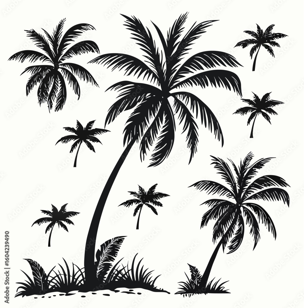 Poster vector silhouette illustration featuring multiple palm trees with varying sizes and foliage density 