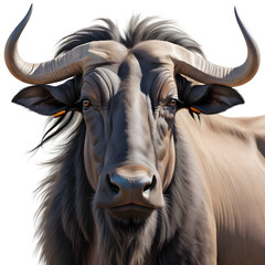 Close-up portrait of a powerful African wildebeest with long curved horns isolated on white background