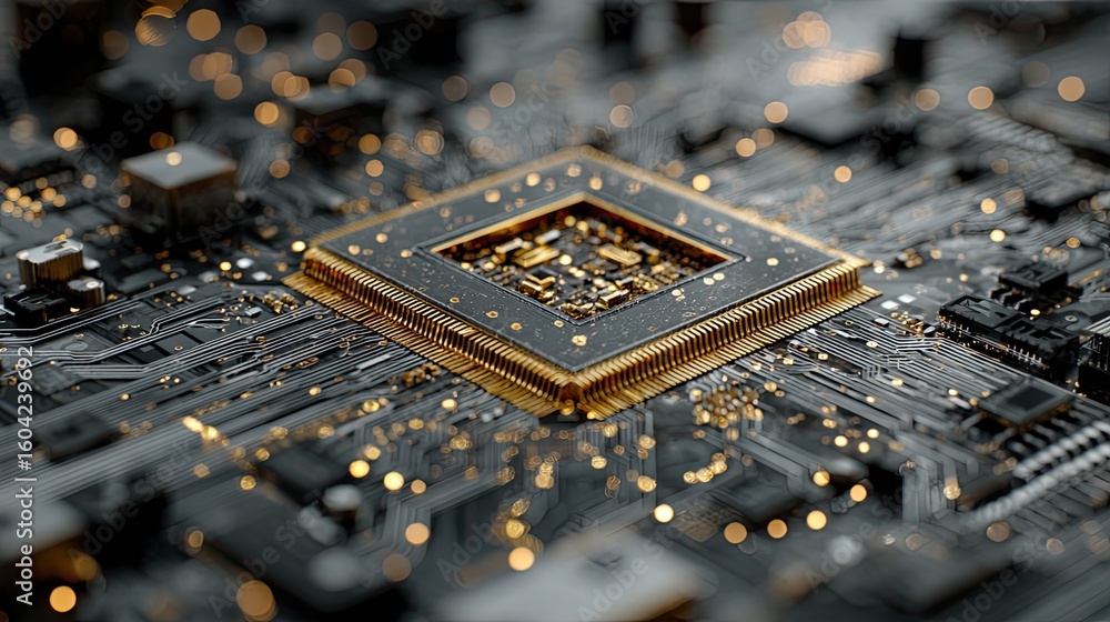 Aufkleber quantum computer with gold mechanism, futuristic tech scene, advanced computing hardware, digital in