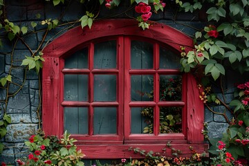 A curved wooden window frame painted in deep crimson red, surrounded by a riot of ivy and small wildflowers outside 
