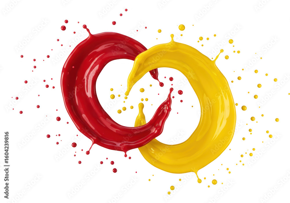 Poster red and yellow paint splashes create a dynamic, abstract shape isolated on a transparent background