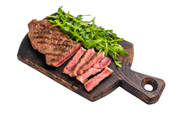 Roast on grill New York  steak with salad, strip loin steak, prime beef meat isolated on white background
