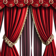 Luxurious red velvet stage curtains with elegant folds and floral swags, opening to reveal white space background