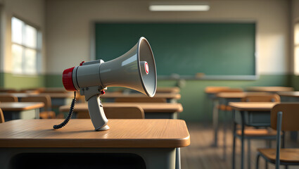 A 3D icon of a megaphone, loudspeaker, or bullhorn on a wall or table broadcasts a loud public announcement or news message