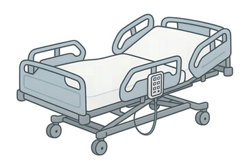 A modern adjustable hospital bed with rails, mattress, and attached control panel