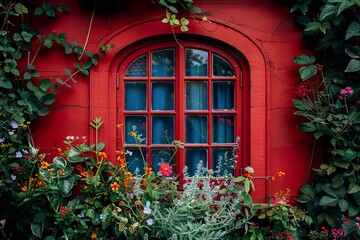 A curved wooden window frame painted in deep crimson red, surrounded by a riot of ivy and small wildflowers outside -