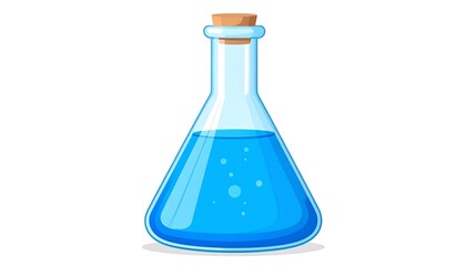 Cartoon illustration featuring a conical flask filled with vibrant blue liquid