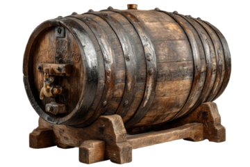 Brewing workshop still life crafting traditional wooden barrels. Isolated on transparent background, png.