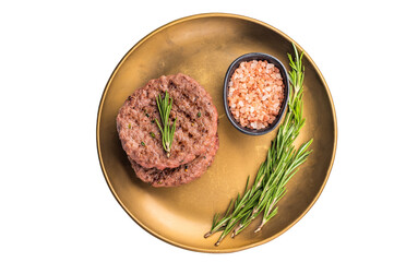 BBQ roasted hamburger chopped meat steaks patties with rosemary  isolated on white background