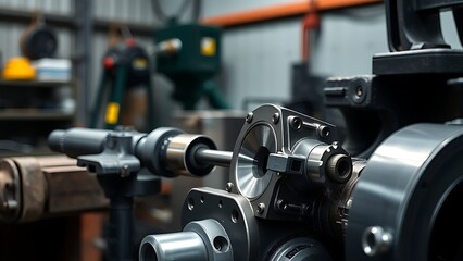 Fototapeta premium Detailed metal workpiece in an industrial workshop, showcasing precision craftsmanship.