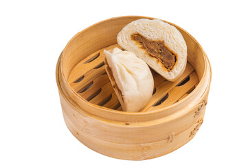 Fototapeta premium Baozi Bun, Chinese Steamed bun with pork meat in bamboo steamer isolated on white background. top view