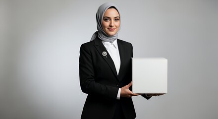Confident Businesswoman in Hijab Holding a Blank Box