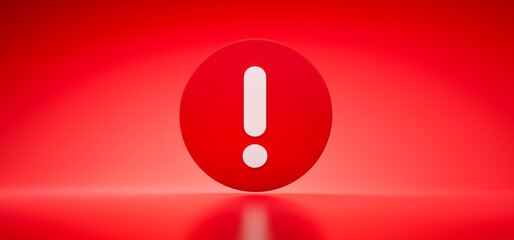 Red button with exclamation mark against red background - 3d Illustration