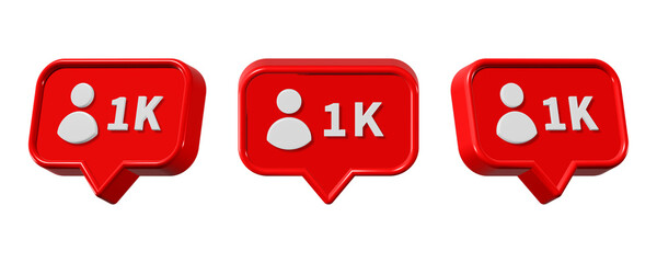 3d 1k, 10k, 100k followers icon red color isolated on transparent background