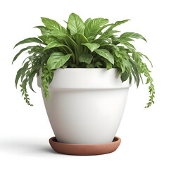 Bright orange blooming flowers in white ceramic pot with lush green leaves isolated on white background