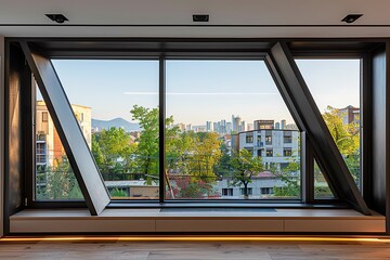 A geometric window frame with angular lines in matte black, giving a contemporary feel to a modern home with city views 