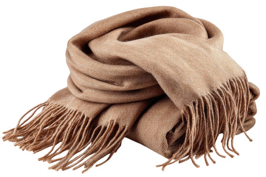 Beige wool scarf with fringe tassels, cozy winter neck wrap accessory, soft warm textile fashion staple isolated on Transparent Background