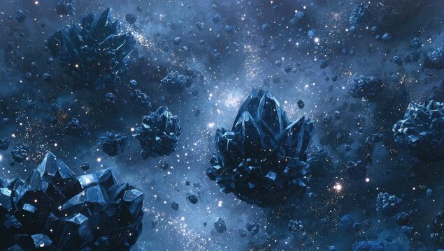 Dark blue crystals float in a star-filled, cosmic space