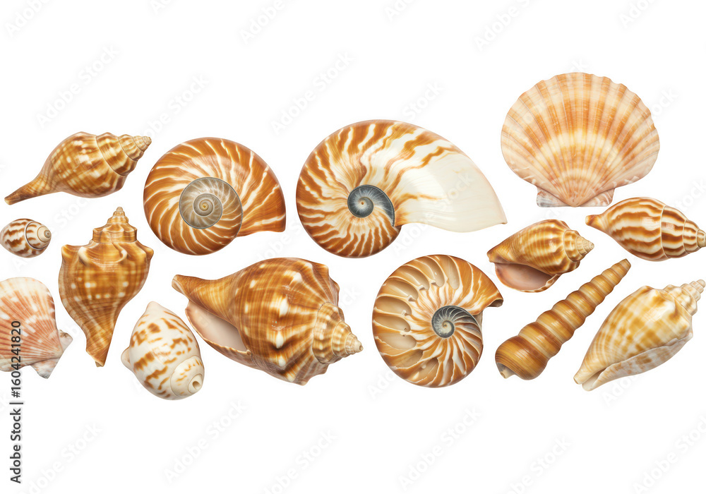 Poster a variety of seashells are arranged in a row on a transparent background