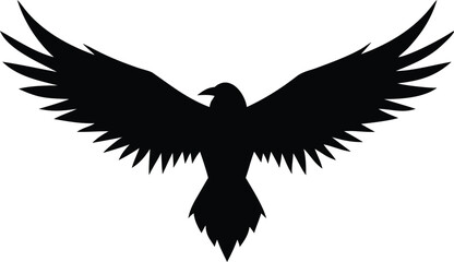 Obraz premium Soaring Raven Silhouette Black Bird with Wide Wingspan Against a White Background
