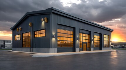 Modern industrial building with large glass garage doors at sunset