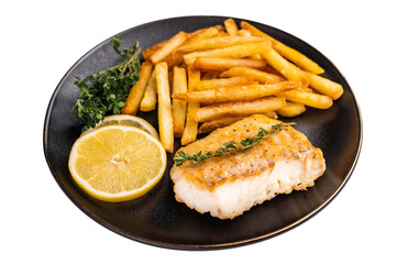 Homemade Fish and chips with roast cod whitefish fillet and fried potatoes on plate isolated on white background