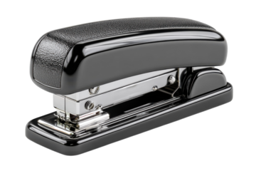 Office Stapler Close Up Shiny Chrome and Black Desk Stapler Supply for Paperwork Tools on Background