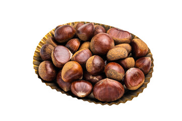 Heap of fresh chestnuts in kitchen tray ready for roasting isolated on white background